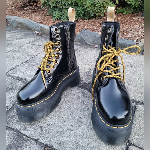 Dr. Martens Black Combat Boots with Yellow Laces - Picture 1 of 15